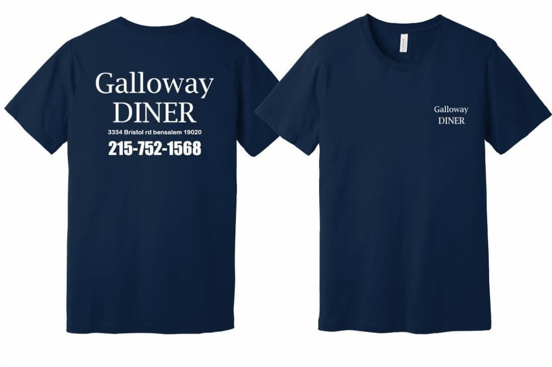 Navy diner tees with the name, address and phone number on the back