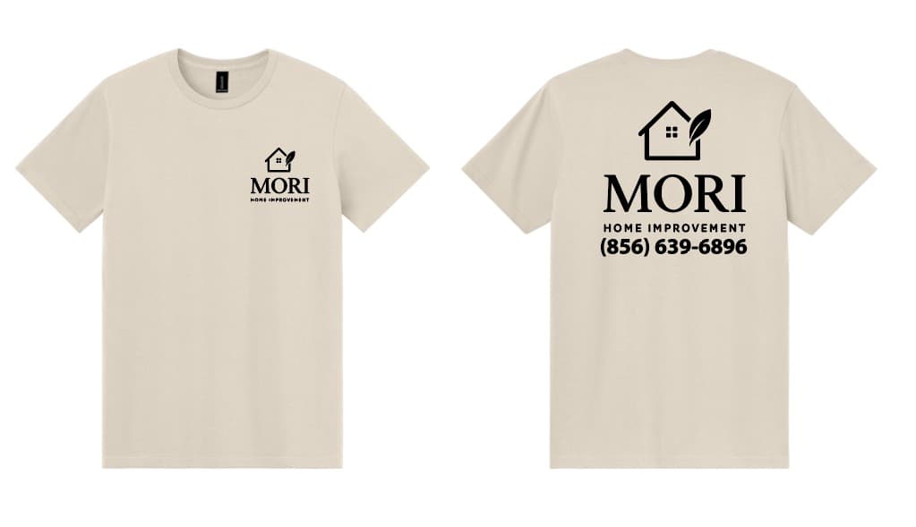 Sand tees with a home improvement logo and phone number