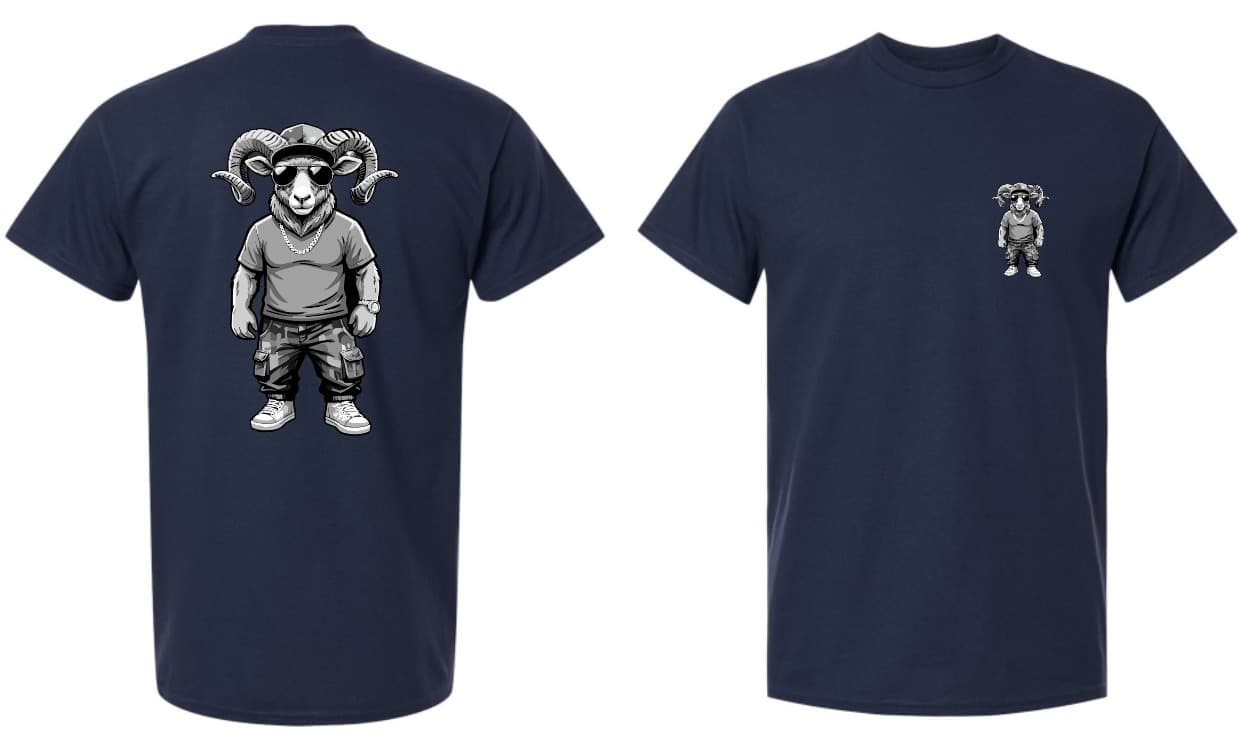 Navy tee with a full-colour cartoon ram on the back